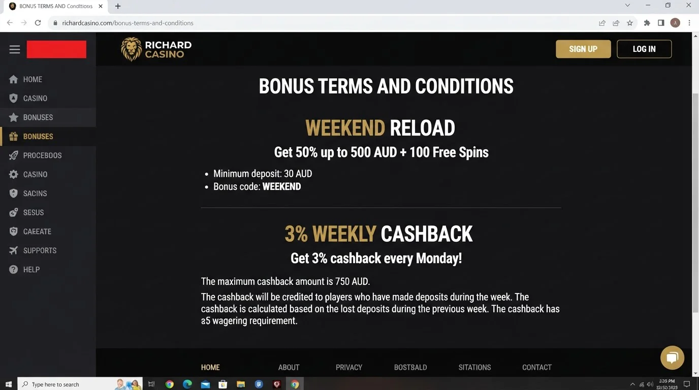 Richard Casino recurring bonus terms showing reload and cashback conditions