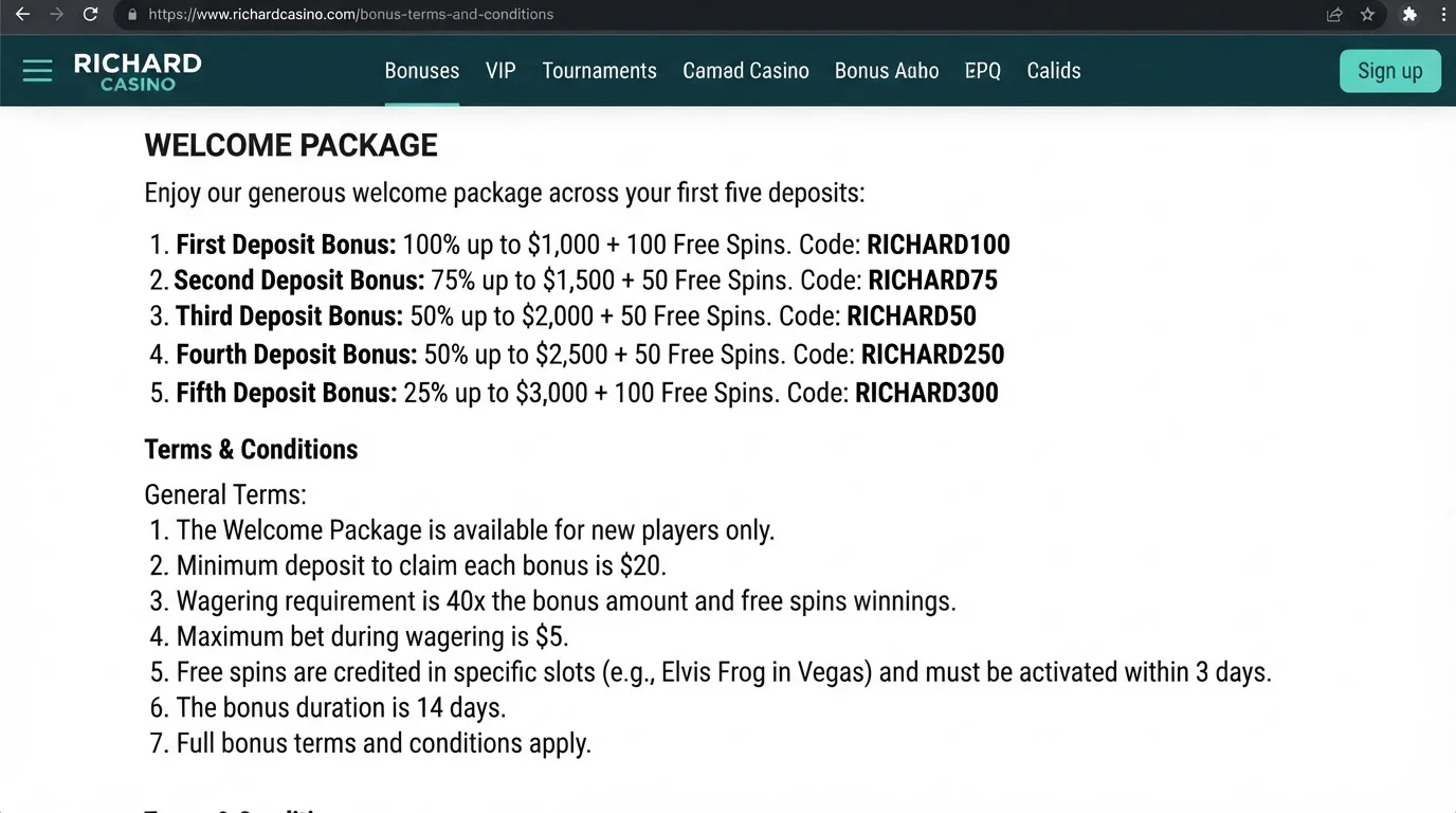 Current Richard Casino five-step welcome bonus terms in Australian dollars