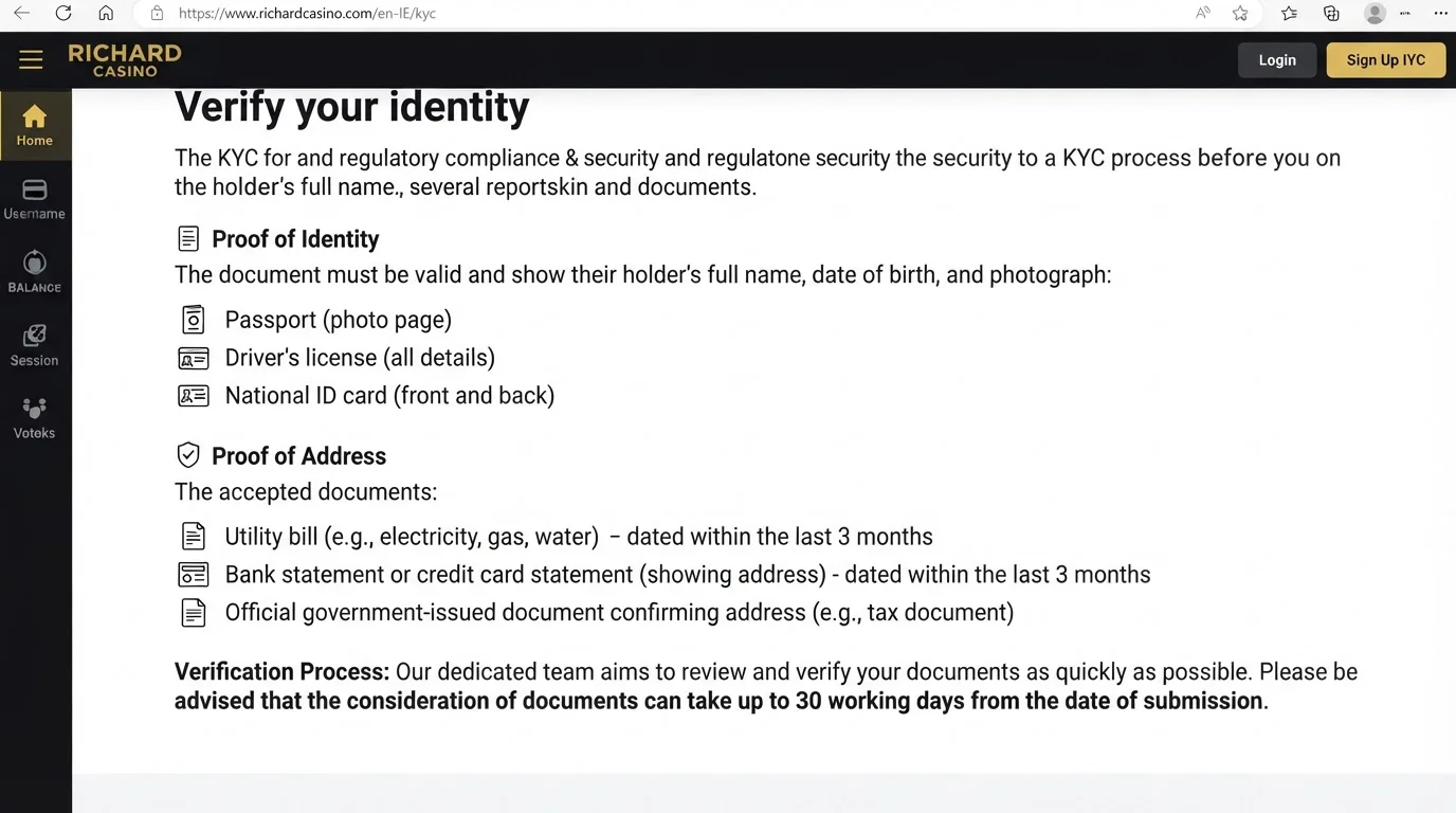 Richard Casino official KYC page showing verification document requirements