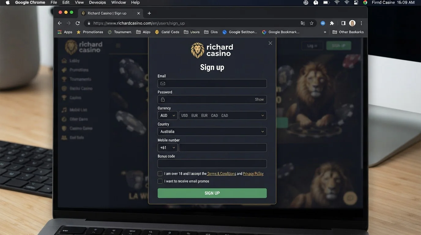 Richard Casino registration form shown without personal information