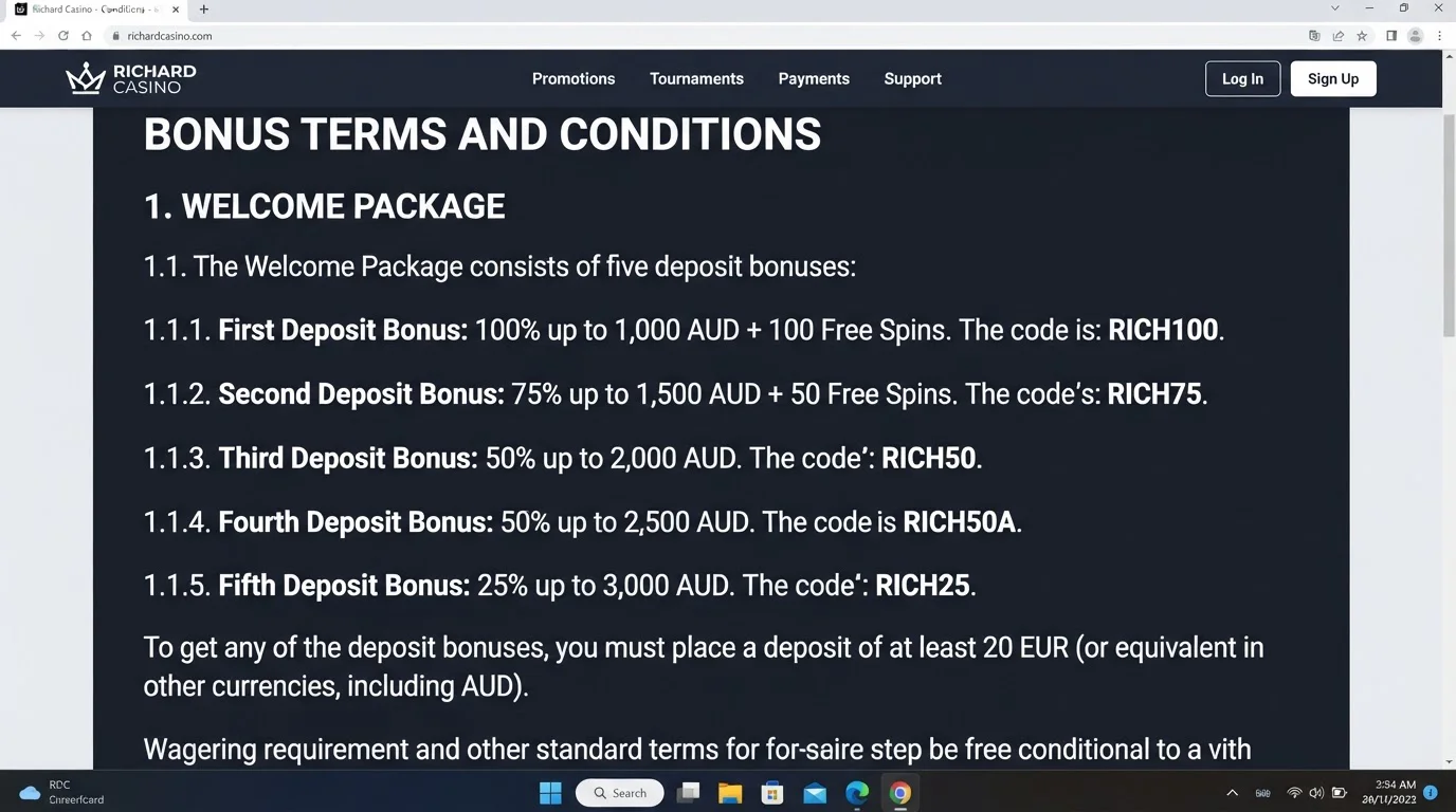 Richard Casino current bonus terms showing Australian-dollar bonus conditions