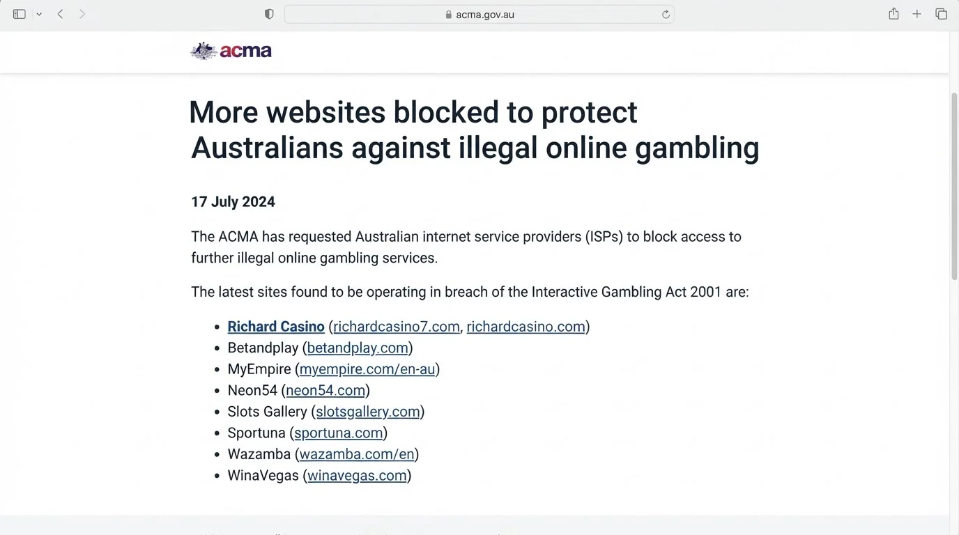 ACMA page recording Richard Casino among illegal online gambling websites blocked in Australia