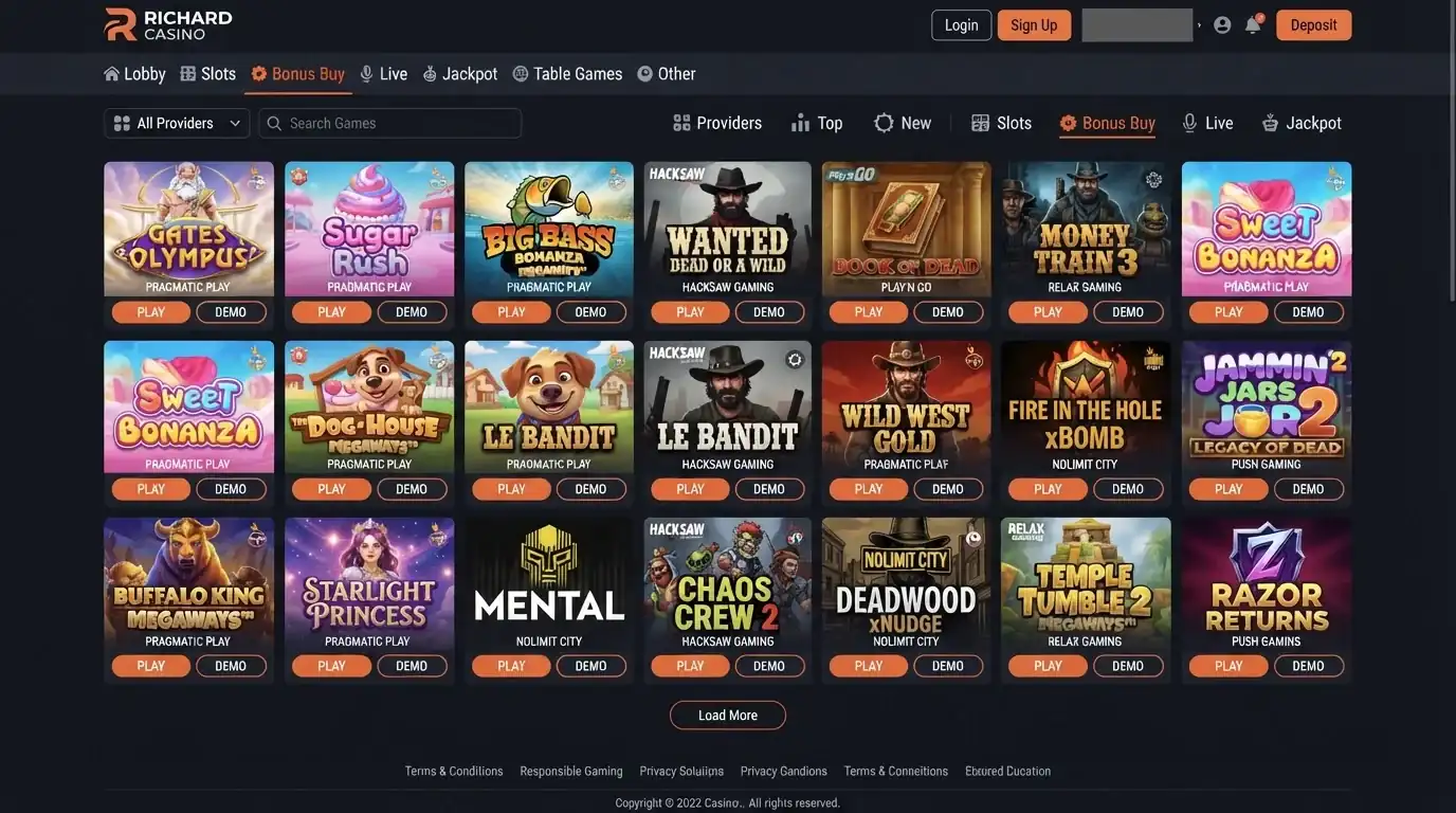 Current Richard Casino games lobby showing real game categories and tiles