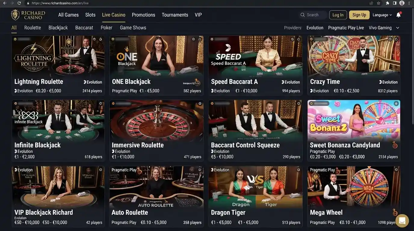 Current Richard Casino live casino lobby with real dealer table grid