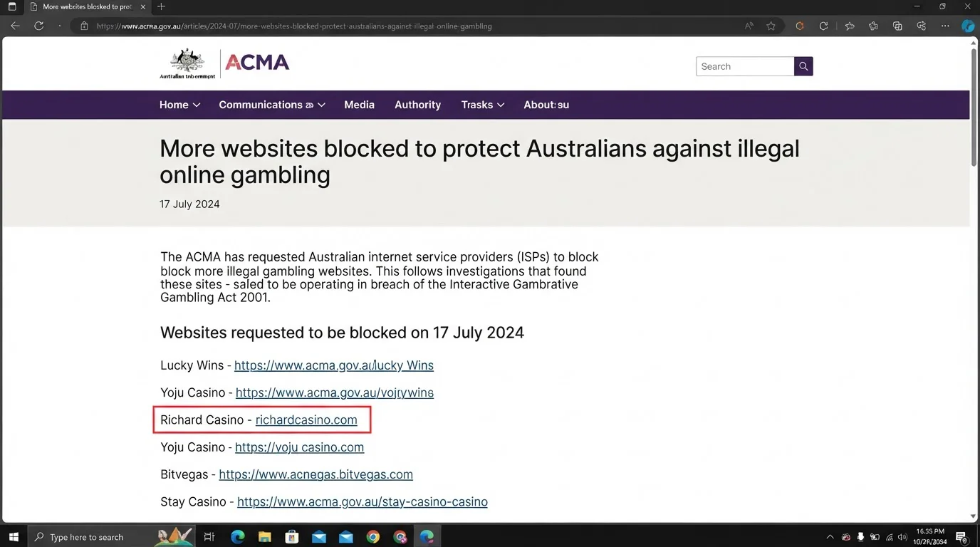 ACMA notice naming Richard Casino in a website blocking announcement